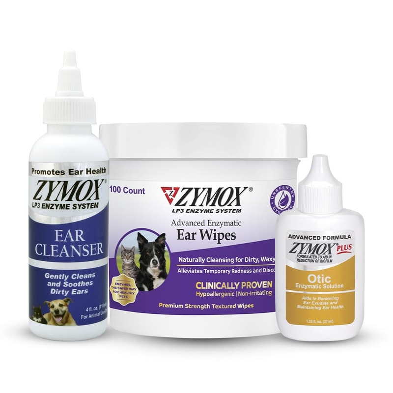 Zymox Enzymatic Ear Wipes, Ear Cleanser, & Otic Plus Ear Solution Hydrocortisone Free for Dogs and Cats – Product Bundle – for Dirty, Waxy, Smelly Ears and to Soothe Ear Infections