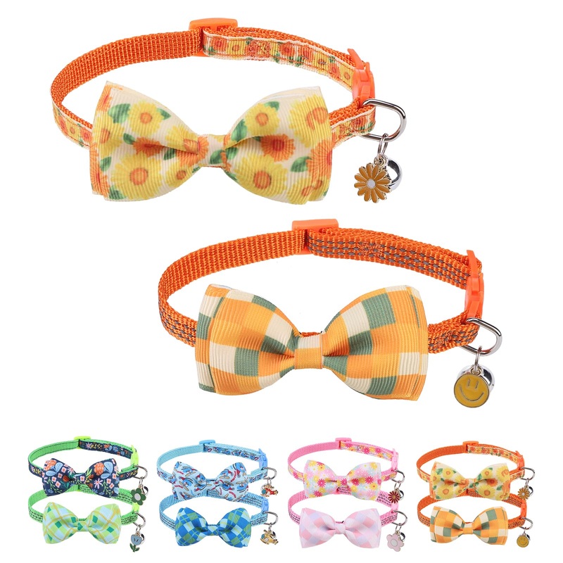2 Pack Breakaway Cat Collars with Bell, Reflective Kitten Collar with Bow Tie & Charm, Cute Bowtie Collar Safety Adjustable 8″-12″ for Girl Boy Kitty Puppy Small Pets, Spring Floral Plaid Orange(Pack of 2) 3/8″ Width