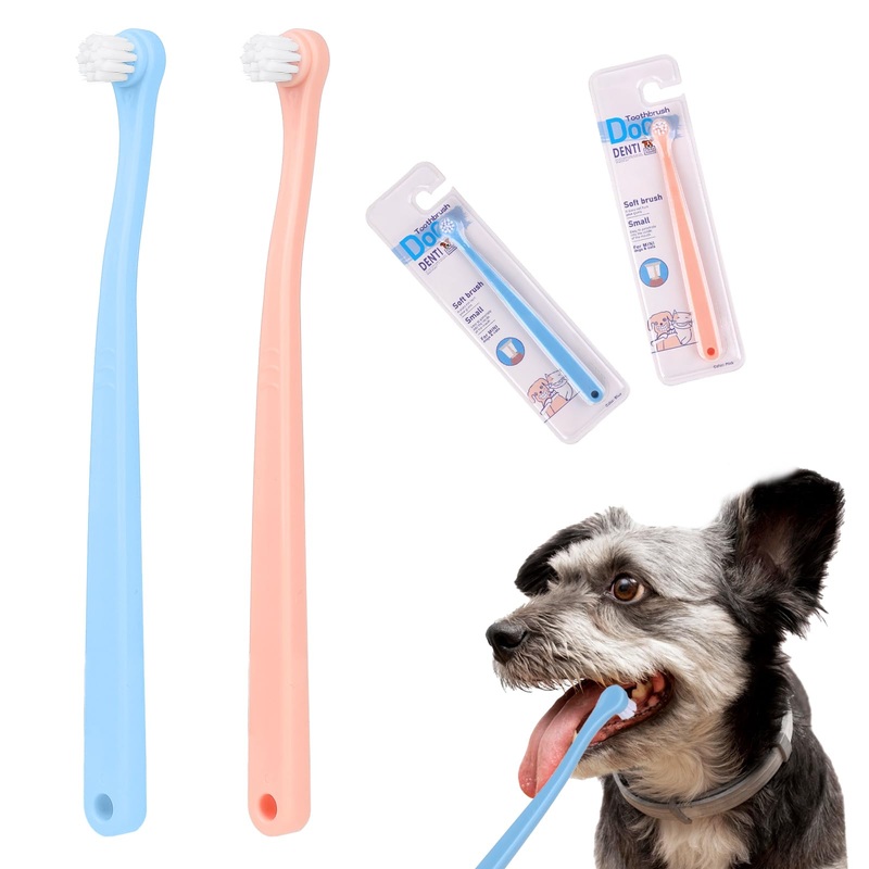 2 Pack Dog Toothbrush Cat Tooth Brush Pet Toothbrush Puppy Toothbrush Mini Head Soft Dog Toothbrush Deep Clean Kit for Puppy, Kitten, Small Dog & Cat, Portable Travel Friendly and Easy to Use Blue + Pink