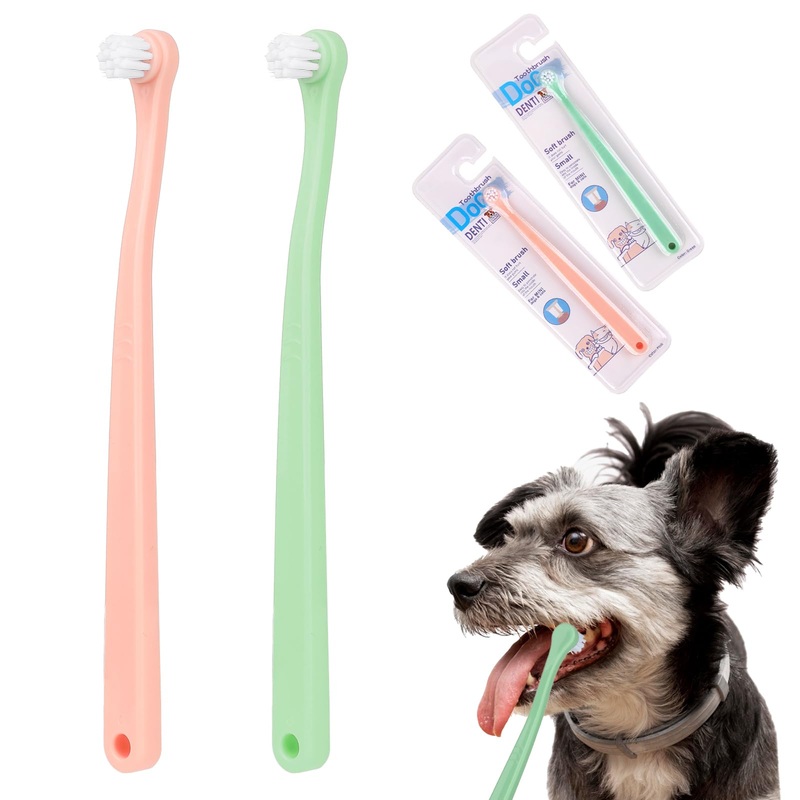 2 Pack Dog Toothbrush Pet Toothbrush Cat Tooth Brush Puppy Toothbrush Mini Head Soft Dog Tooth Brush Deep Clean Kit, Portable Travel Friendly and Easy to Use for Puppy, Kitten, Small Dog & Cat Green + Pink