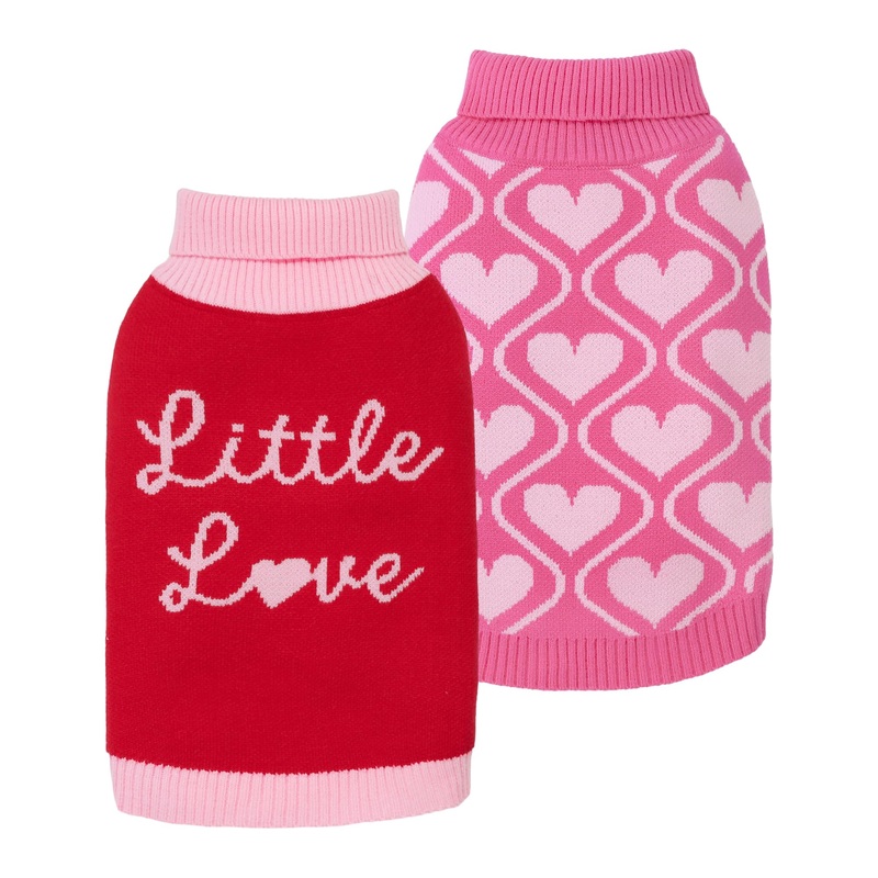 2 Pack Little Love and Sweet Hearts Turtleneck Dog Sweater, Dog Valentines Outfit, Thermal Dog Clothes for Small Dogs Girl, Pet Cat Winter Outfit, Red, Pink, Small