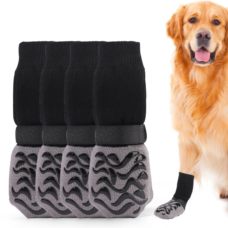4 Packs Non-Slip Dog Socks with Adjustable Straps Traction Control for Indoor on Hardwood Floor, Dog Shoes for Outdoor Hot Pavement Pet Paw Protector-Lager lager
