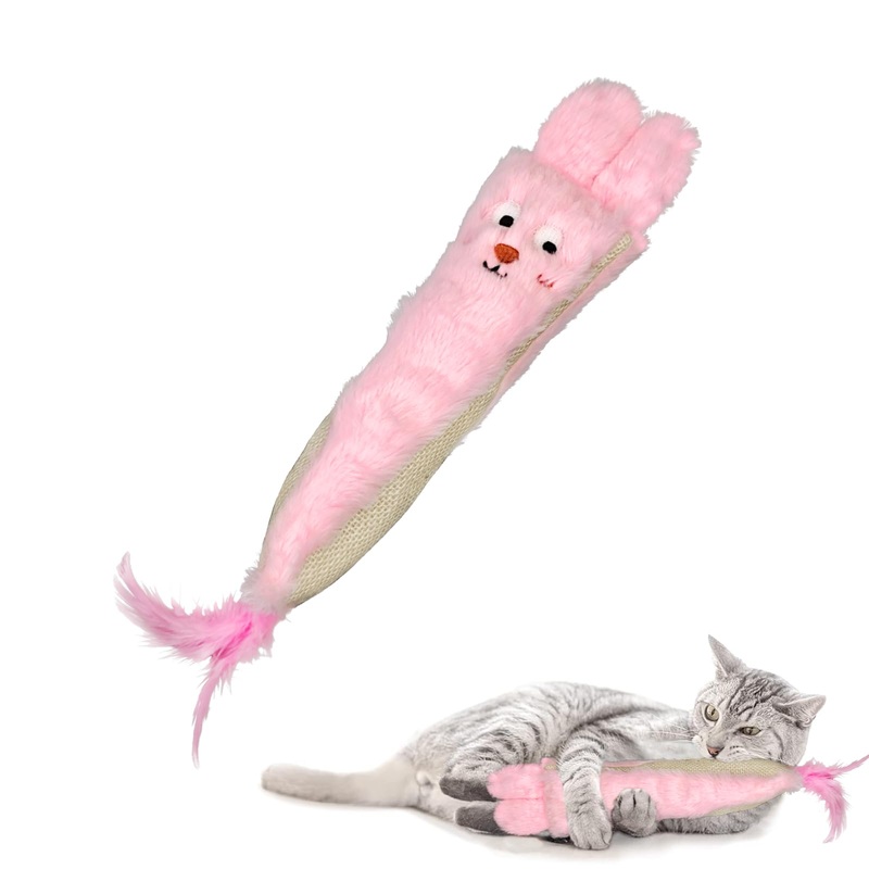 Andiker Catnip Toys for Indoor Cats,10.24inches Plush Toy for Cats with Crinkle Paper Inside,Fluffy cat Toy with Feather and 2 Scratcher (Pink) Pink