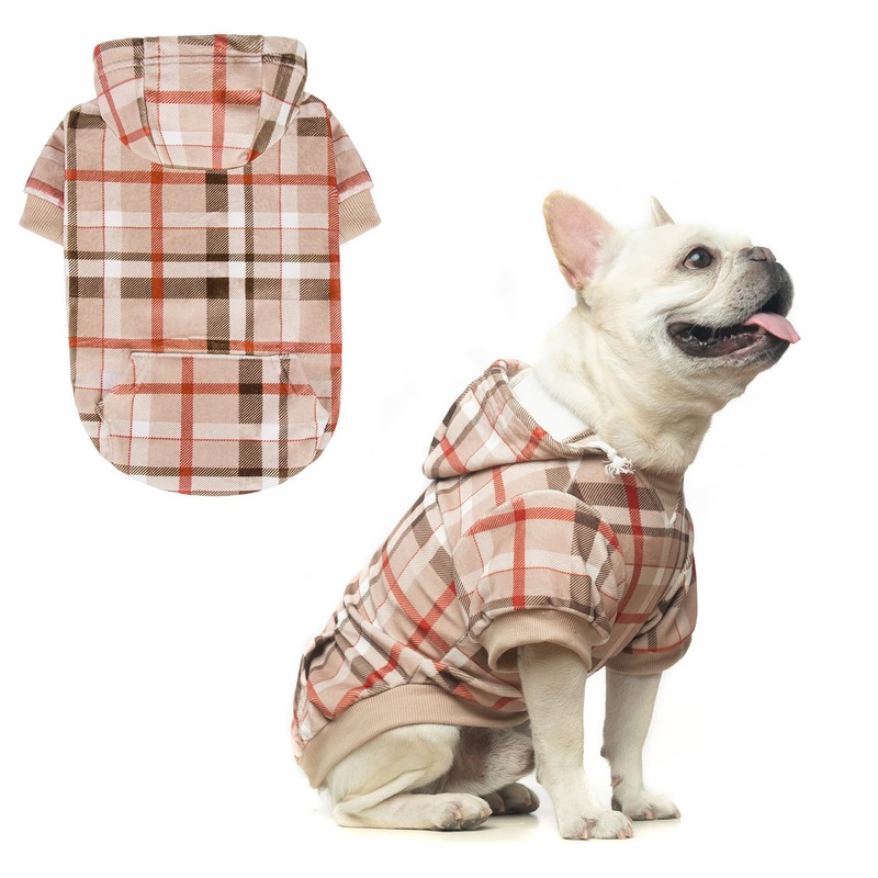 BEAUTYZOO Plaid Dog Hoodie -Dog Clothes for Small Medium Dogs, British Style Fleece Dog Sweater with Pocket and Leash Hole, Puppy Sweatshirt Pullover Cozy Warm Pet Outfit French Bulldog Coats, Beige S/M (Back: 14″,Chest: 19″, Neck: 12″)
