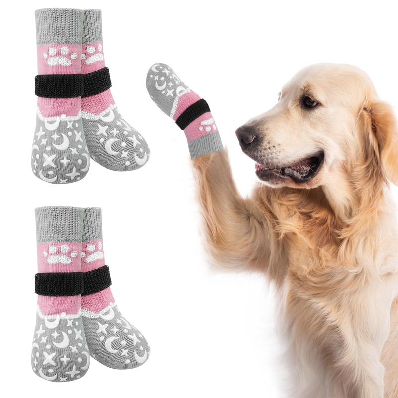 BEAUTYZOO Reflective Anti Slip Dog Socks to Prevent Licking Paws,Dog Shoes for Hot Cold Pavement Hardwood Floors,Anti Twist Paw Protectors Double Sided Thick Grips,Small Medium Large Senior Dogs Boots Grey L(Pack of 4)