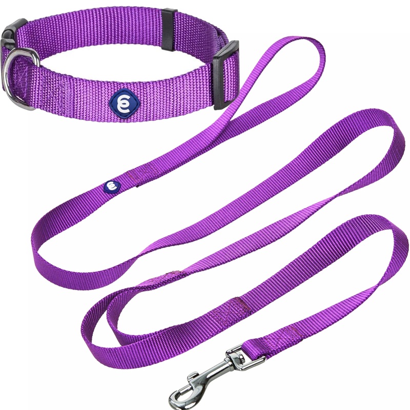 Blueberry Pet Essentials Matching Dog Collar and Double Handle Leash Set in Dark Orchid, Adjustable Classic Solid Color Nylon Collar with 5 ft Leash for Medium Dogs Dark Orchid – Collar + Double Handle Leash