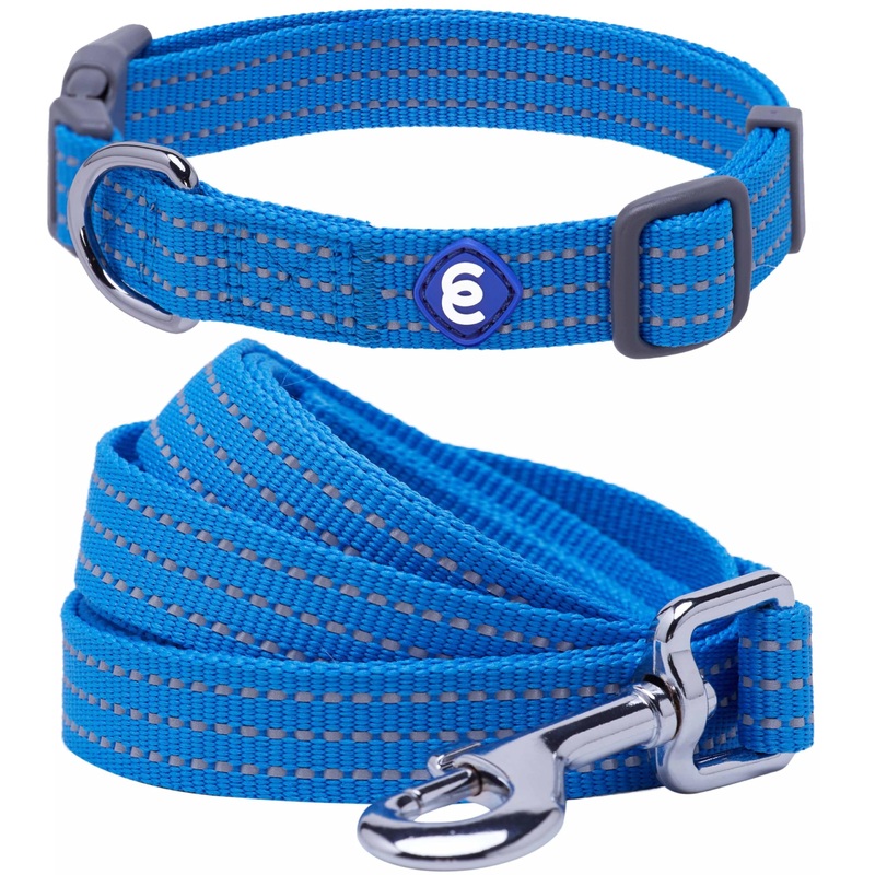 Blueberry Pet Essentials Reflective Better Basics Matching Dog Collar and Leash Set in French Blue, Adjustable Collar with 5 ft Leash for Small Dogs French Blue – Collar + Leash