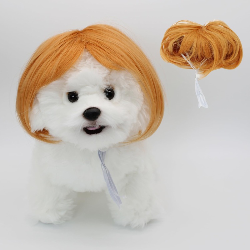 Dog Cat Cosplay Wig Pet Costumes with Adjustable Elastic Bands Golden Bob Headwear for Halloween Christmas Parties Festivals Small Medium Dogs Cats Headdress