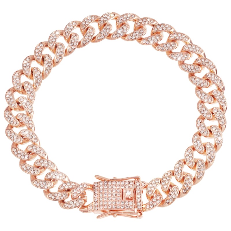 Dog Chain Cuban Diamond Link Rose Gold Pink Crystal Collar Jewelry Accessories Pet Necklace with Walking Metal Collar Design Secure Buckle for Dogs and Cats (10 Inches) 10 Inches