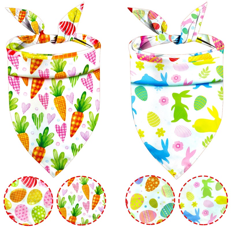 Easter Dog Bandanas 2 Pack, Colorful Bunnies Eggs Pet Scarf for Boy and Girl Reversible Easter Spring Outfits Triangle Scarves Holiday Bandanas for Large Medium Dogs Cats