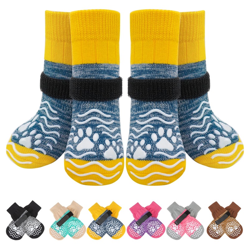 PUPTECK Anti Slip Dog Socks, Shoes with Grippers to Prevent Licking Hardwood Floors Traction, Rubber Boots & Paw Protectors for Small Medium Large Dogs, Senior Dogs Booties, Blue M Medium (2 Pair) Nevy&Yellow