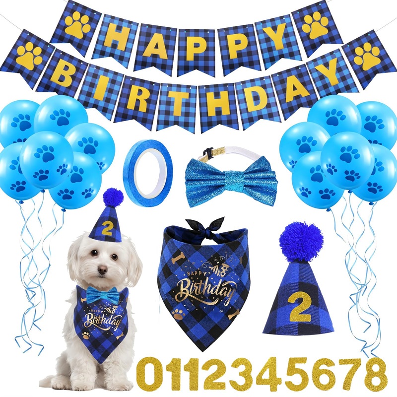 RAYNAG Boy Dog Birthday Decorations, Boy Dog Birthday Bandana Hat Bowtie Dog Bow Tie Birthday Numbers Paw Balloons Happy Birthday Banner for Dogs Pets Birthday Outfits Puppy Birthday Decorations Blue