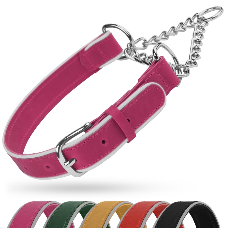 Reflective Leather Martingale Dog Collar – Adjustable No Pull Stainless Steel Chain Training Collar for Small Medium Large Dogs Puppy (Pink, Small, 12″-15.5″) Small, 12″-15.5″ Pink