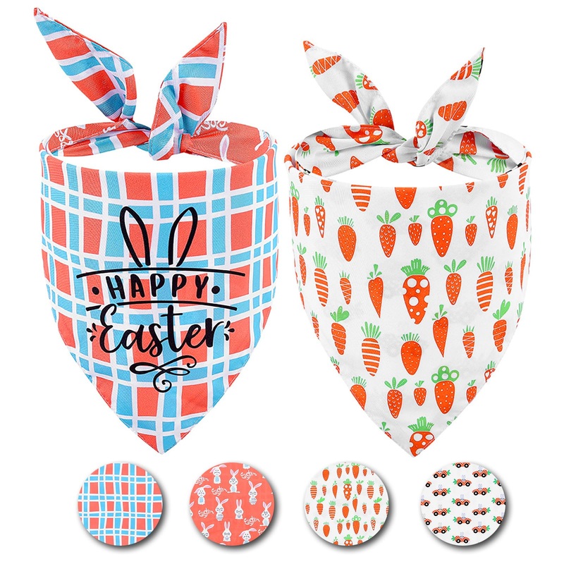 Reversible Easter Dog Bandana- 2 Pack Pet Happy Easter Triangle Bibs Holiday Costume Outfit Boy Girl Scarf Accessories Bunny Carrot Egg Neckerchief for Puppy Small Medium Large and Extra Large Dogs