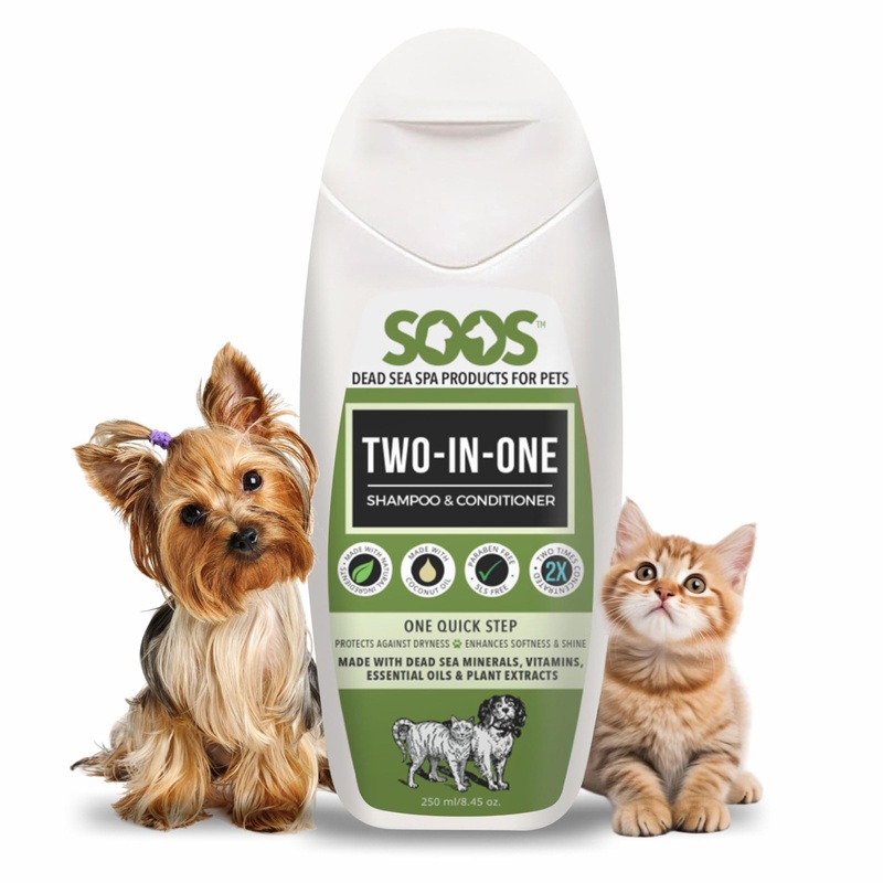 Soos Pets Two-in-One Shampoo Plus Conditioner for Dogs & Cats | 2-in-1 Natural Dead Sea Minerals | Cleansing & Moisturizing Formula | Gentle on Skin, Promotes Soft Shiny Coat – 250ml