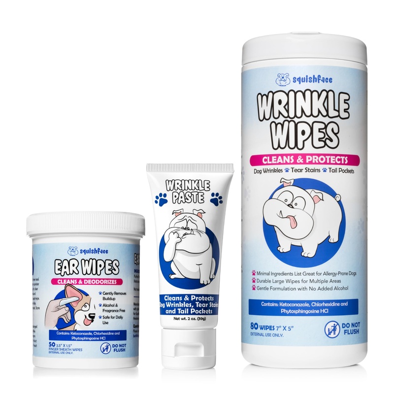 Squishface Wrinkle Paste + Wrinkle Wipes + Dog Ear Wipes Bundle – for Dogs with Wrinkles, Tear Stains, Tail Pockets, Irritated Paws & More – Great for All Breeds!