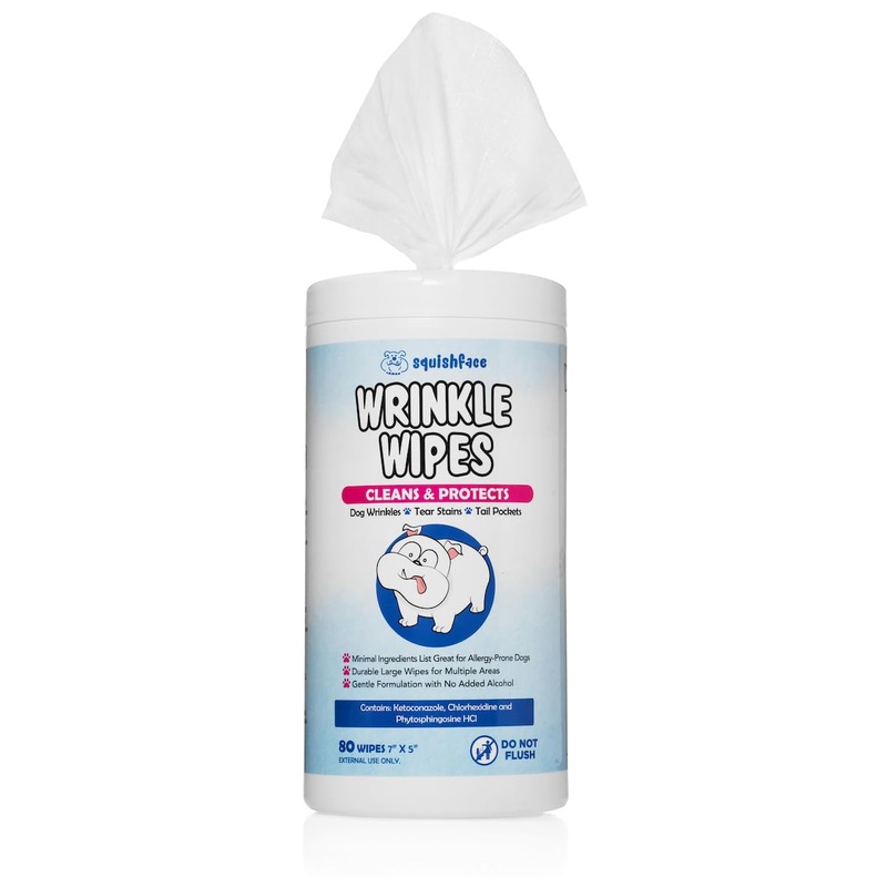 Squishface Wrinkle Wipes  5×7 Large Dog Wipes – Deodorizing, Tear Stain Remover  Great for English Bulldog, Pugs, Frenchie, Bulldogs, French Bulldogs & Any Breed! (80 Count)