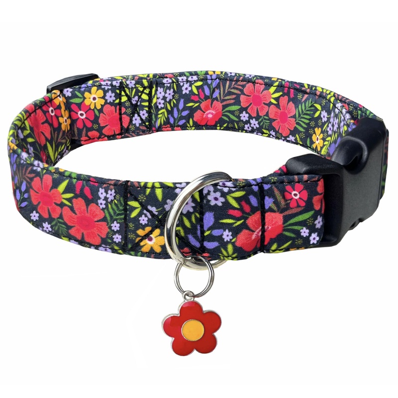 TEEMERRYCA Dog Collars with Floral Patterns Adjustable Dog Collar with Flower Charm Comfortable Cotton Pet Collar for Puppies Small Medium Large Cute Girl Female Boy Dogs, Red, L L:Neck 14″-22″, Width 1.0