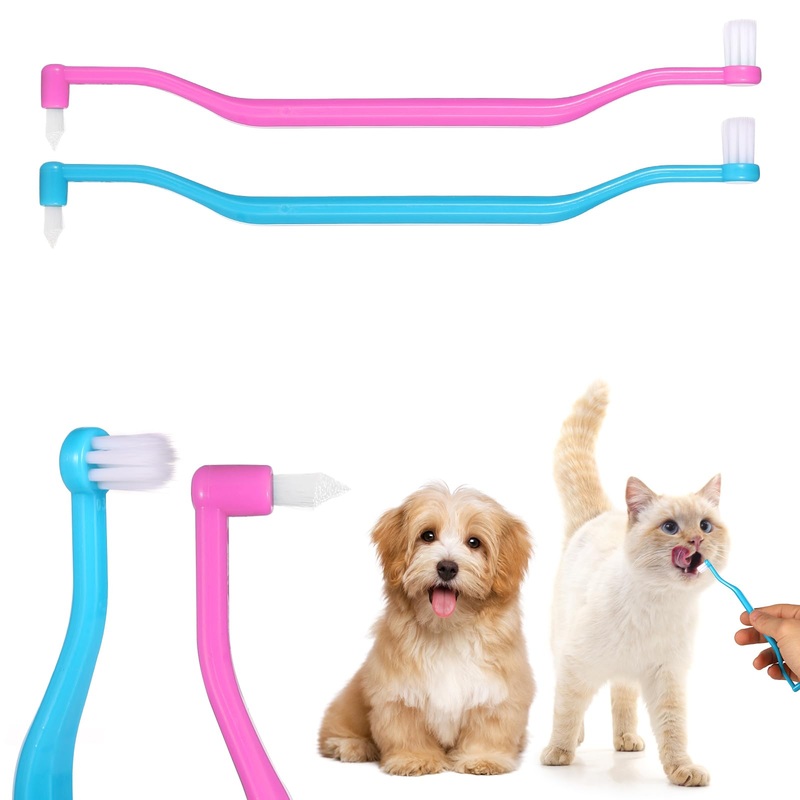 2pcs Dual Sided Cats & Dogs Toothbrushes, Kitten Puppy Toothbrush Pet Teeth Cleaning Brush with Micro Brush Head & Curved Handle Cat Dental Care Supplies to Reduce Plaque Tartar Formation