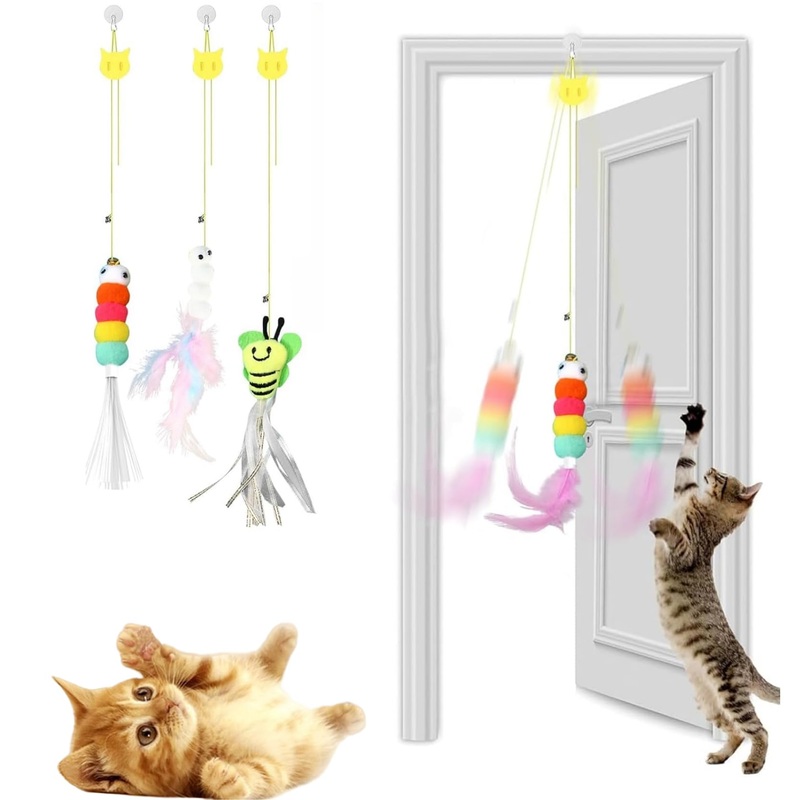 3 Pcs Interactive Toys for Indoor Cats, Best Hanging Cat Toys for Bored Cats, Spring Cat String Toys with Feathers and Bells, Door Hanging Self-Playing Cat Toys