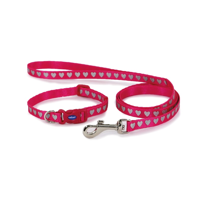 Ancol Small Bite Reflective Collar and Lead set for small dogs and puppies- Pink Hearts