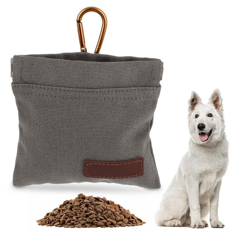 Canvas Dog Treat Pouch, Portable Puppy Dog Training Treat Pouch with Carabiner, Hands-Free Auto Closing Pet Snack Reward Pocket, for Pet Training Travel or Outdoor Use(Grey) Grey