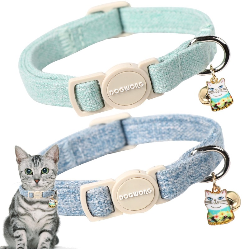Cat Collar,2 Pack Green Hemp Cat Collars Breakaway with Bell, DOGWONG Safety Buckle Cat Collar for Girl Boy Cats and Small DogsAdjustable Kitten Collar7-12 Inch,Pet Supplies Accessories