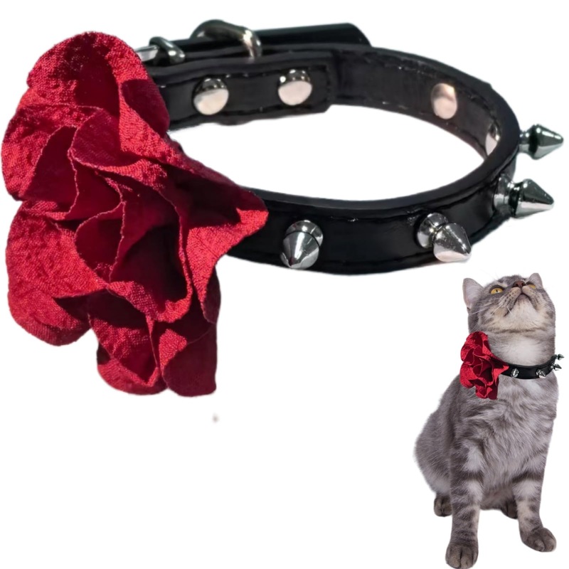 Cat Collar with Bells Studded Spiked with Flower, Studs Spikes Punk Style Adjustable for Girl Kittens Small Dogs Puppy Bunny Rabbit, 8″-11″