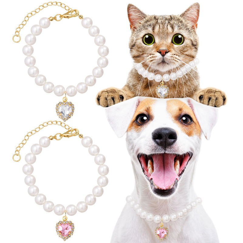Cat Dog Pearl Necklace Collar 2pcs, Small Cat Collar Pear Dog Necklaces Cute Fancy Jewelry Accessories with Heart Shape Rhinestone White Pink Wedding Birthday Party for Puppy Pets Small Dogs