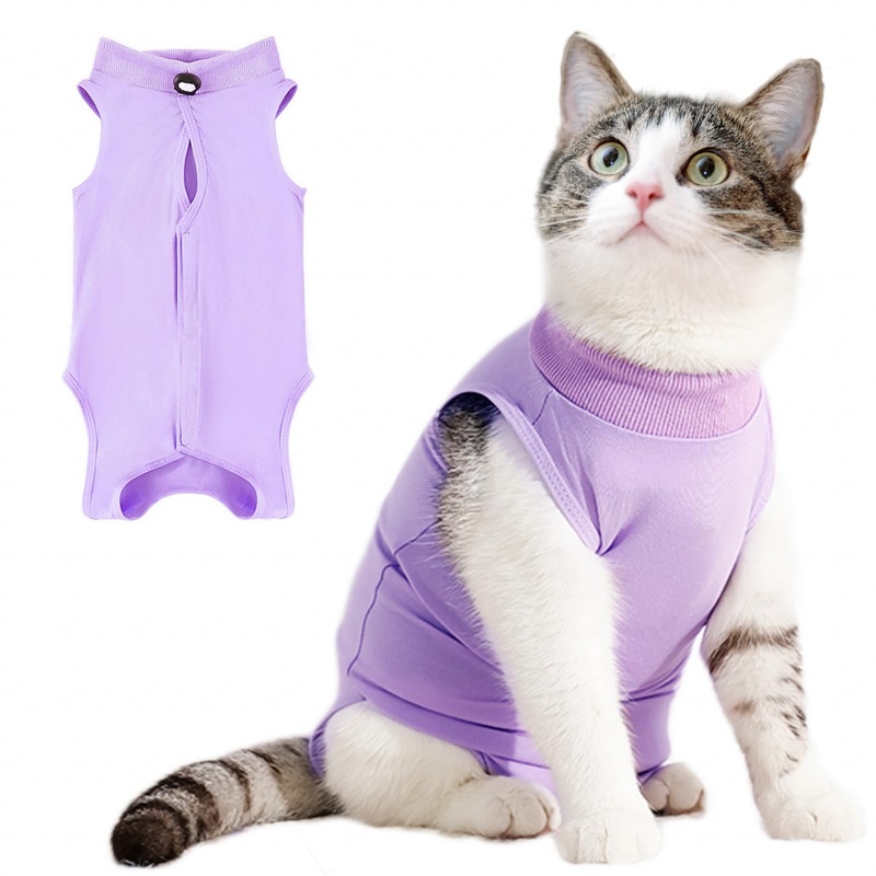 Cat Recovery Suit for Abdominal Wounds or Skin Diseases,Kitten Onesie for Cats After Surgery Wear Surgical Spay Suit for Female Cats Kitten Cone of Shame Alternative-Purple(S) Purple Small