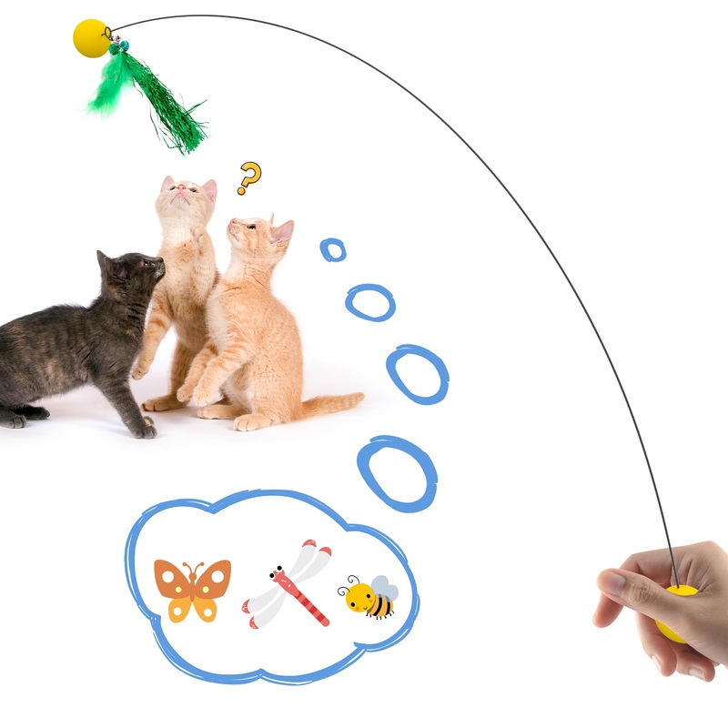 Cat Toys Interactive for Indoor Cats,Cat Wand Toys, Flexible Steel Wire and A Pack of Cat Feather Toys Cat Teaser Toy Refills, Cat Wire Toy for Indoor Bored Cats Play Chase Gifts and Exercise Yellow