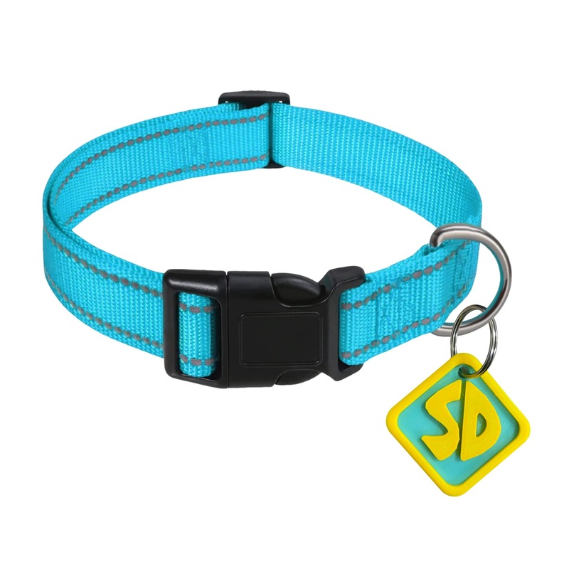 Dog Collar for Scooby, Halloween Costume for Dog, Nylon Adjustable Reflective Dog Collar, Scooby Name tag Holder, Turquoise Dog Collar, L