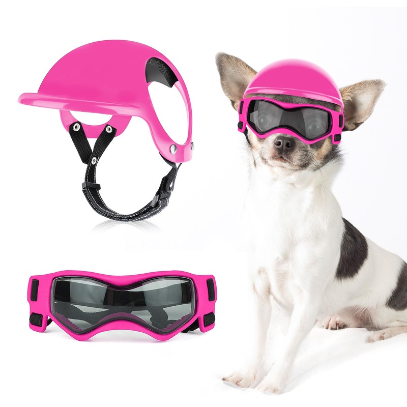 Dog Helmet and Dog Goggles for Small Dogs – Dog Goggles Pet Motorcycle Helmet Hat with Ear Holes Adjustable Straps Safety Helmet for Puppy Riding – Pink