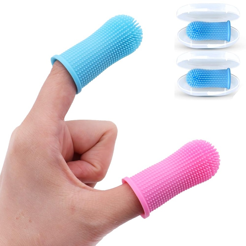 Dog Toothbrush, 360 Dog Tooth Brushing Kit, Cat Toothbrush, Dog Teeth Cleaning, Dog Finger Toothbrush, Dog Tooth Brush for Small & Large Pets, Dog Toothpaste Not Included – Blue & Pink 2-Pack