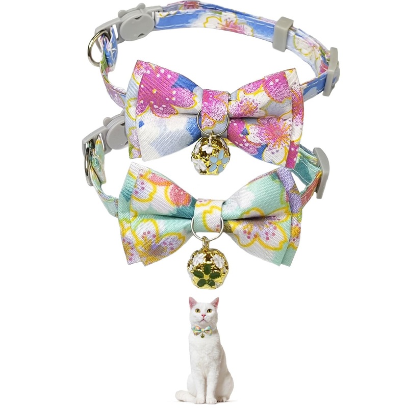 Floral Print Detachable Cat Collar Set – 2-Pack, Cotton Blend, Cute BellAdjustable 7.5-12.2in for Boy and Girl Cat (Blue & Green) Blue & Green