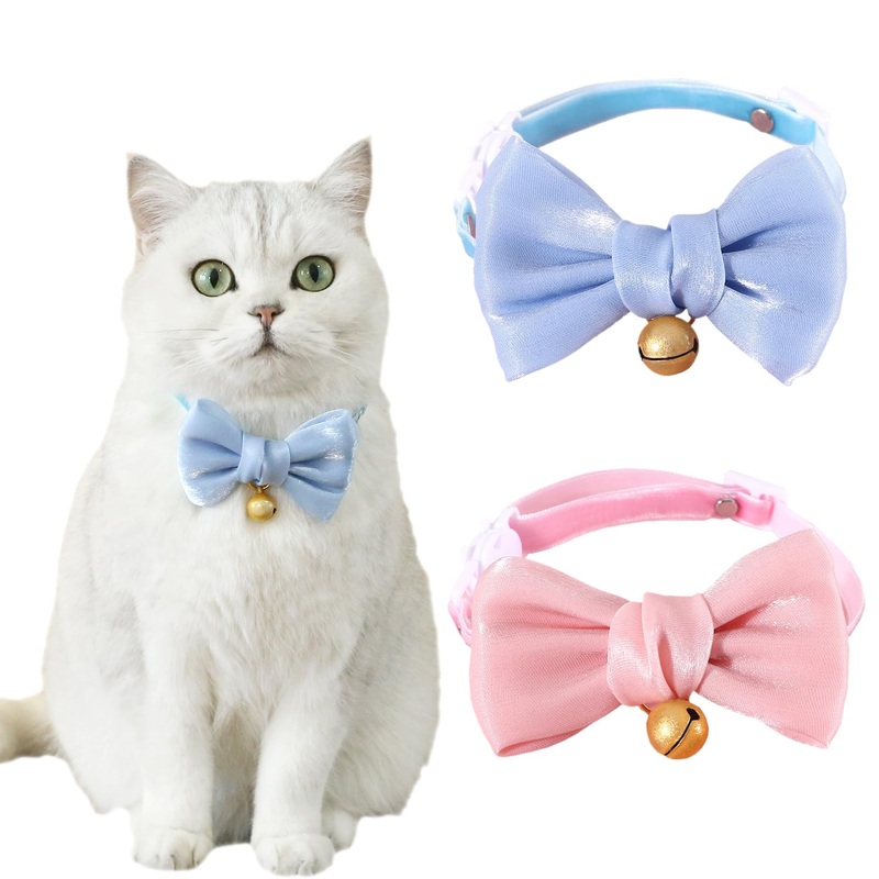 Handmade 2 Pack Satin Cute Breakaway Cat Collars with Bells and Bowtie for Cats, Pink & Blue Cat Kitten Collar for Cats Kittens Kitties Puppies Rabbits