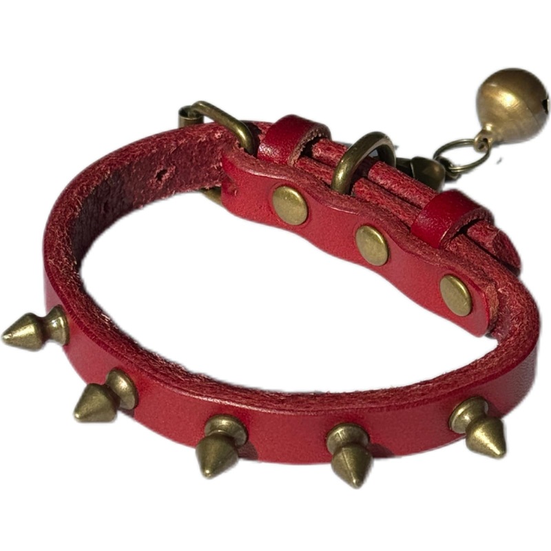 Leather Dog Collar Spiked for Small Dogs with Bell, Adjustable Cowhide Collar Studded Sharp Spikes for Boy Girl Puppies, Sturdy Heavy Duty, Red Extra Small 8″-11″ XS 8″-11″, Pack of 1