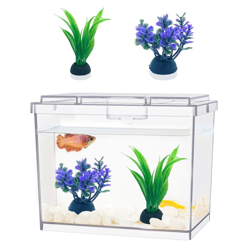 Mini Betta Fish Tank, Small Fish Bowl for Temporary Space, 0.2 Gallon Stackable Cube Tank with Artificial Plants and Gravels for Small Fish, Insect, Shrimp, Crab, Spider. (Pack-1) MiniTank 02