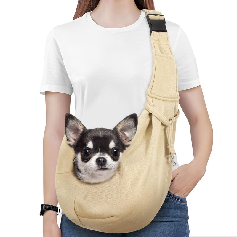 Pawaboo Dog Carrier Sling, Hand Free Dog Papoose Carriers with Adjustable Strap Buckle, Puppy Pouch Carrier Safety Leash for Puppies&Cats, Wider Shoulder Strap Pet Sling Carriers (Up to 12lbs, Khaki)