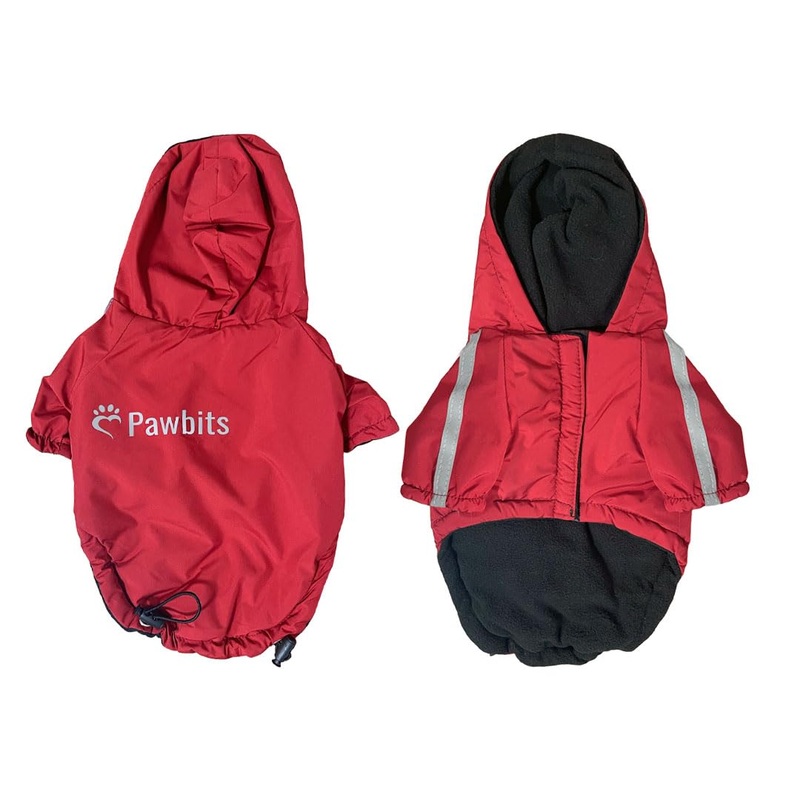 Pawbits Winter Jacket for Small Dogs – Fleece-Lined, Water Resistant, Reflective Coat with Hood for Dogs – Adjustable S, M, L, XL, XXL – Designed for Small Dogs X-Large Red