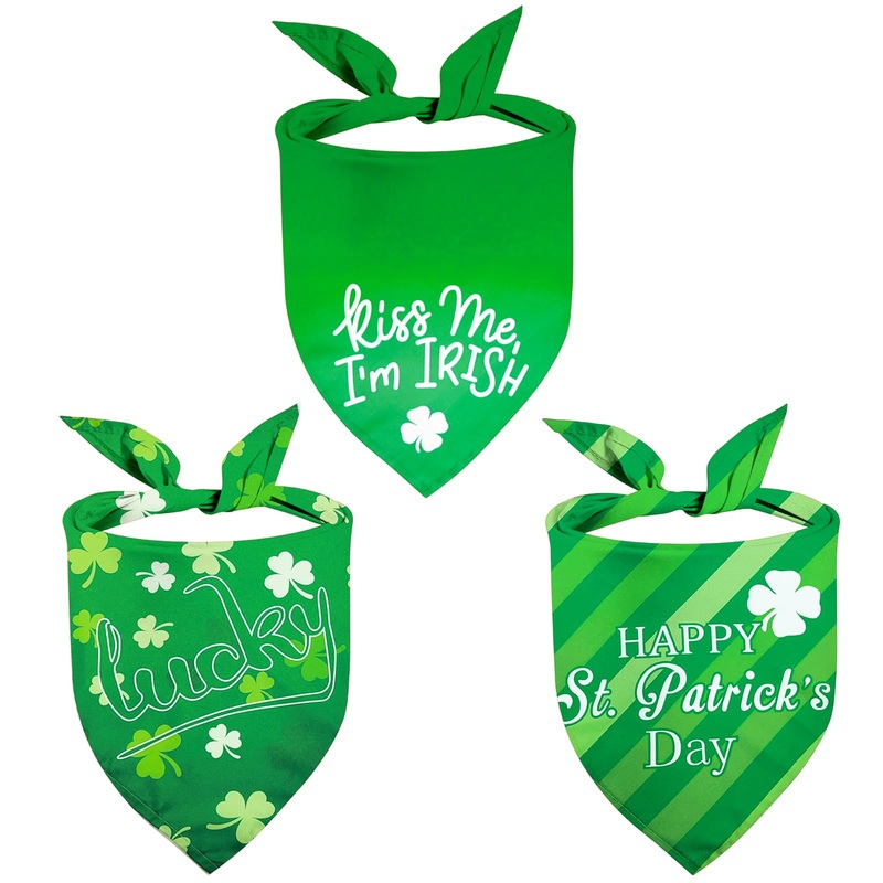 St. Patrick’s Day Dog Bandanas 3Pack Lucky Shamrock Costume, Kiss Me I’m Irish Triangle Bibs Adjustable Pet Scarf Accessories for Dogs Cats Medium Green Kerchief Happy Holiday Supplies Outfit