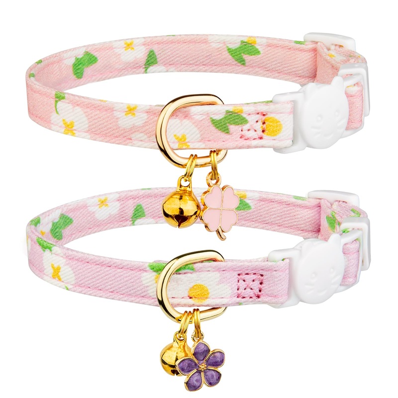 2 Pack Cotton Breakaway Cat Collar,Purple&Pink Flowers Pendant Kitten Collar Cute Cat Collar with Bell,Ideal for Girl Cats Boy Cats Purple&Pink