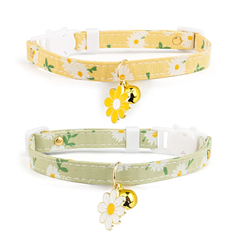 2 Pack Cotton Breakaway Cat Collar with Bell,Yellow&Green Flowers Pendant Cute Cat Collar Kitten Collar,Ideal for Girl Cats Boy Cats Yellow&Green
