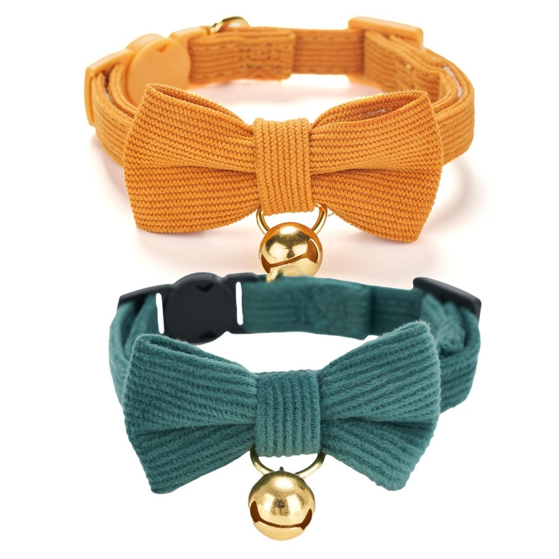 2 Pack Soft Corduroy Cat Collars with Bow Tie & Bell, Adjustable Breakaway Cotton Kitty Bowtie Collar for Girl Boy Kitten (Orange & Green) Neck 7.0″ – 11.0″ Corduroy-Orange Green