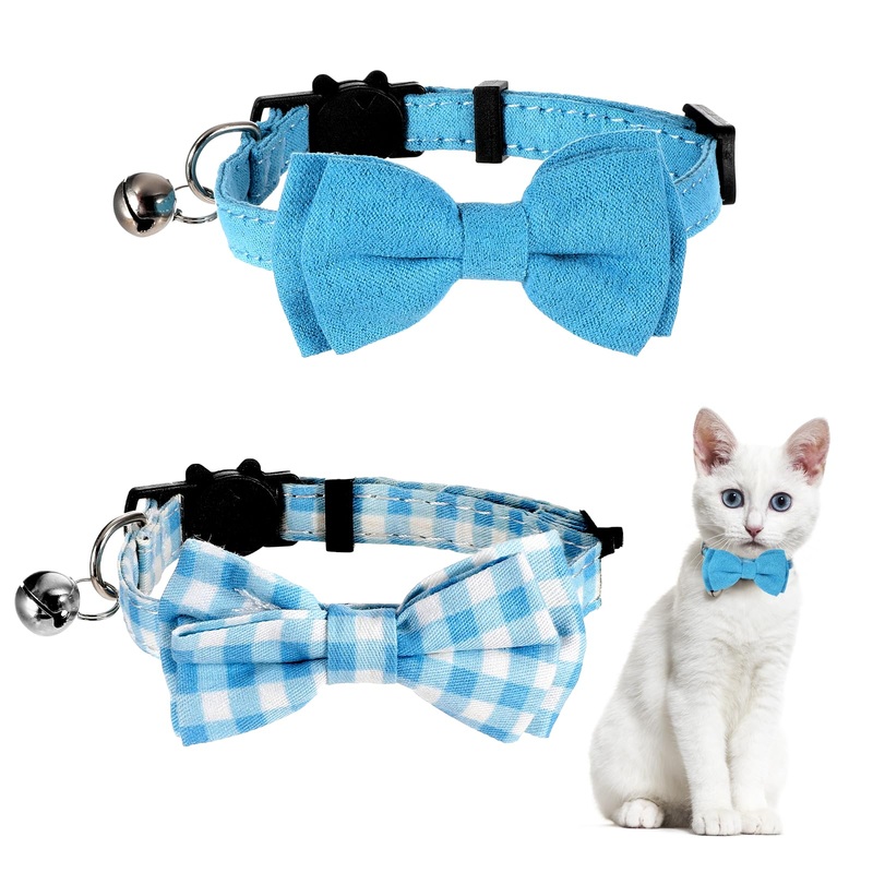 2 Pcs Boy Cat Collar with Bell Breakaway Cat Collars Cute Kitten Bow Tie Collar Adjustable Small Puppy Safety Collar Solid Color Plaid Pet Collar (Blue) BLUE