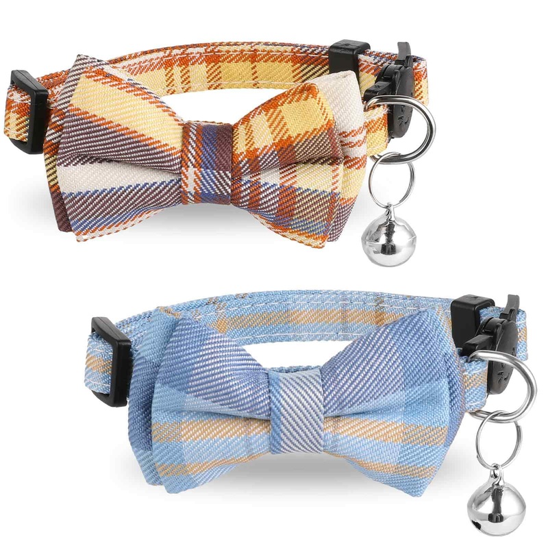2 Pcs Cat Collars Breakaway Cute Bowtie Cat Collar Plaid Cat Collar with Bell Kitten Collar for Cats Puppy Small Pets Adjustable from 7-11In(Yellow, Blue)