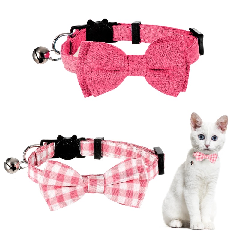 2 Pcs Kitten Bow Tie Collar with Bell Cute Cat Collar for Girl Boy Cats Breakaway Cat Collars Adjustable Small Puppy Safety Collar Solid Color Plaid Pet Collar (Pink) PINK