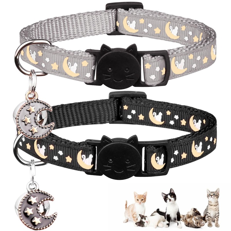 2Pcs Breakaway Cats Collars Cat Collars for Boy & Girl Cats Adjustable Kitten Collars with Bell,Black+Gray 7.0-10.7” Black+Gray