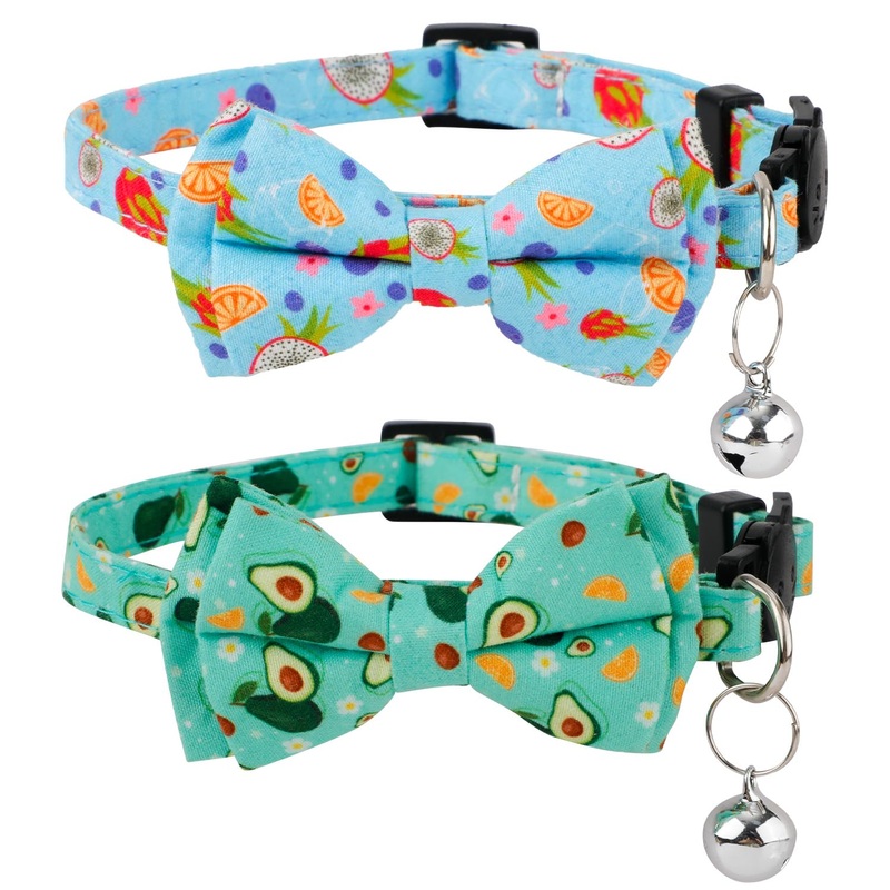 2pcs Summer Cat Collars, Cute Fruit Theme Cat Collar with Bowtie & Bell Adjustable Soft Cat Bow Tie Collar with Dragon Fruit Avocado Pattern for Girls Boys Kitten (Blue, Green)