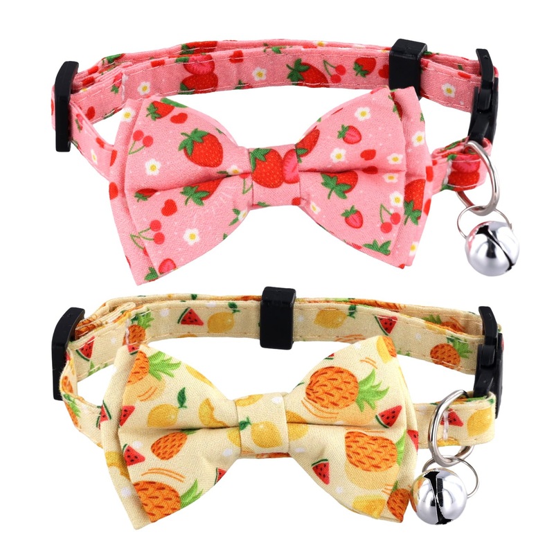 2pcs Summer Cat Collars, Cute Fruit Theme Cat Collar with Bowtie & Bell Adjustable Soft Cat Bow Tie Collar with Pineapple Strawberry Pattern for Girls Boys Kitten (Pink, Yellow)